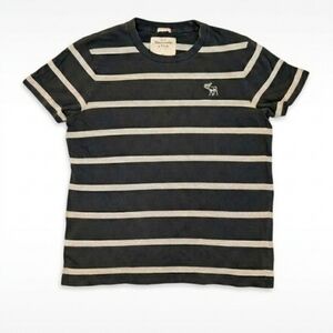 Vintage Abercrombie & Fitch Men's Navy Blue And Grey Striped T-Shirt Muscle Fit